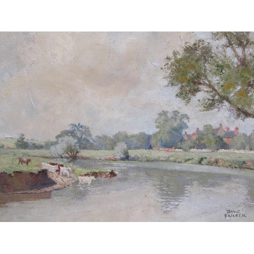 1147 - DAVID FRICKER - BEND IN THE RIVER, SIGNED OIL ON BOARD, FRAMED, 30CM X 56CM