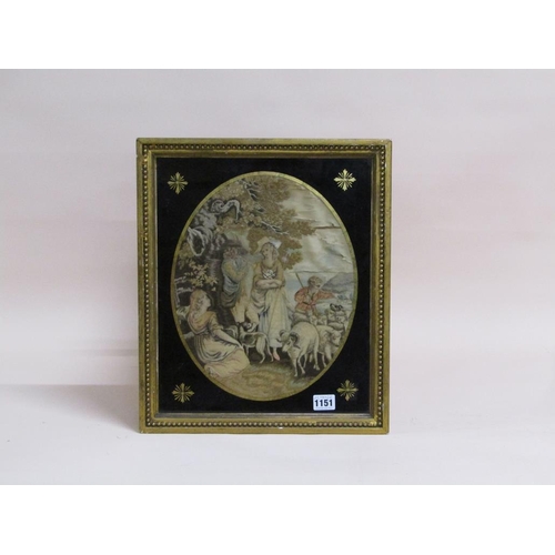 1151 - REGENCY PERIOD SILKWORK OVAL PICTURE - SHEPHERD WITH SHEEP AND FAMILY, F/G, 32CM X 26CM