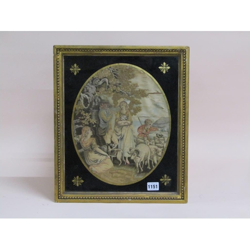 1151 - REGENCY PERIOD SILKWORK OVAL PICTURE - SHEPHERD WITH SHEEP AND FAMILY, F/G, 32CM X 26CM