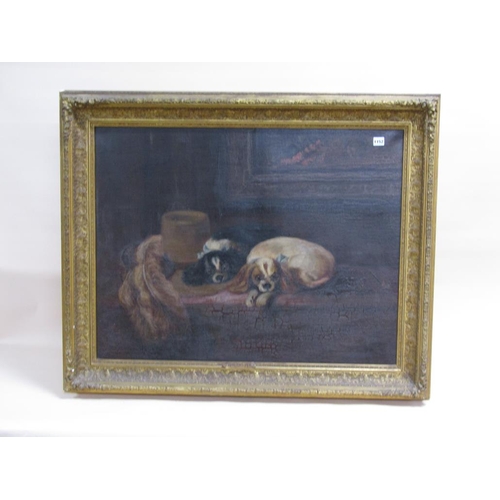 1152 - UNSIGNED 19C - CAVALIERS PETS, OIL ON CANVAS, FRAMED, 70CM X 90CM