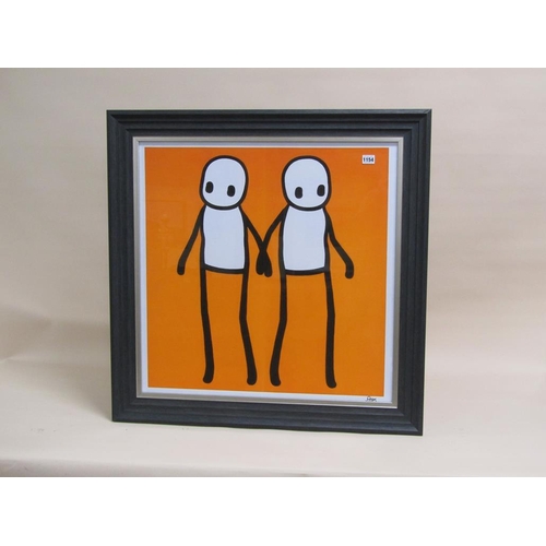 1154 - CONTEMPORARY COLOURED PRINT - STICKMEN, F/G, 69CM X 88CM