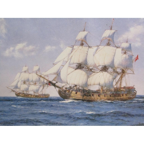 1156 - SIGNED INDISTINCTLY - TWO EARLY 19C  WAR SHIPS SAILNG IN LINE, OIL ON CANVAS, FRAMED, 48CM X 74CM