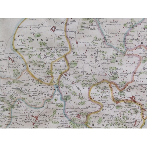 1160 - ROBERT MORDEN - COLOUED MAP OF HERTFORDSHIRE, F/G, 36CM X 45CM