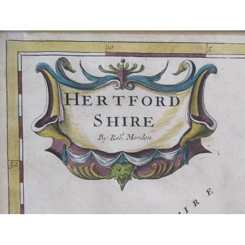 1160 - ROBERT MORDEN - COLOUED MAP OF HERTFORDSHIRE, F/G, 36CM X 45CM