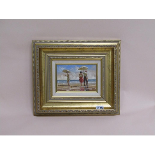 1175 - UNSIGNED - THREE FIGURES ON A BEACH, OIL ON BOARD, FRAMED, 11CM X 16CM