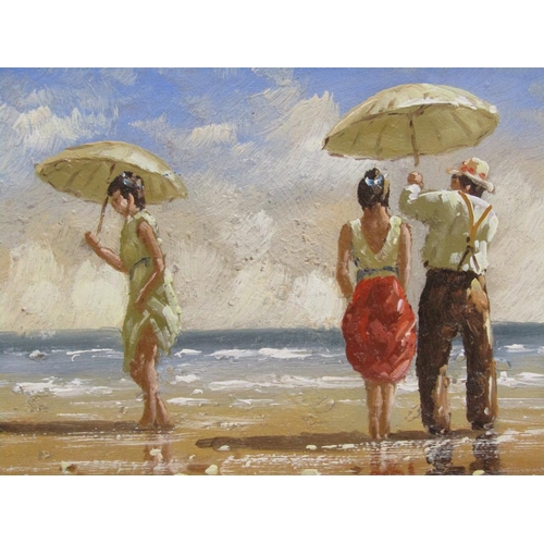 1175 - UNSIGNED - THREE FIGURES ON A BEACH, OIL ON BOARD, FRAMED, 11CM X 16CM