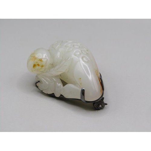 1309 - JADE BROOCH IN THE FORM OF FISH, BOXED BEARING LABLE FOR SPH DA SILVA, SINGAPORE, 4.5cm w, 3cm h