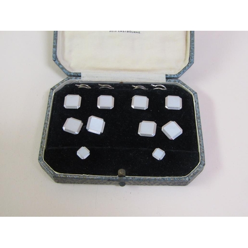 1314 - BOX SET OF 9ct GOLD WHITE CUFFLINKS, BUTTONS ETC. 11.2g