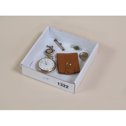 1322 - BOX; GOLD PLATED POCKET WATCH, GOLD PLATED CIGAR CUTTER, ENAMEL LOCKET, WATCH WINDER ETC