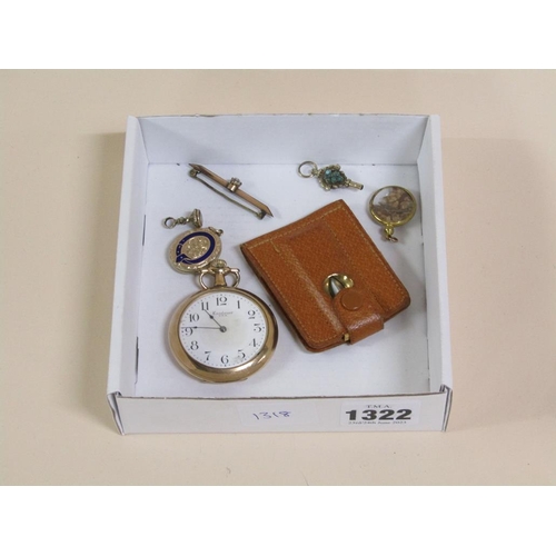 1322 - BOX; GOLD PLATED POCKET WATCH, GOLD PLATED CIGAR CUTTER, ENAMEL LOCKET, WATCH WINDER ETC