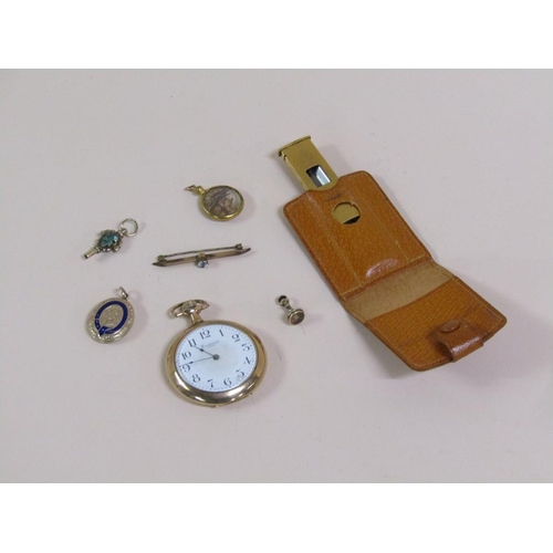 1322 - BOX; GOLD PLATED POCKET WATCH, GOLD PLATED CIGAR CUTTER, ENAMEL LOCKET, WATCH WINDER ETC