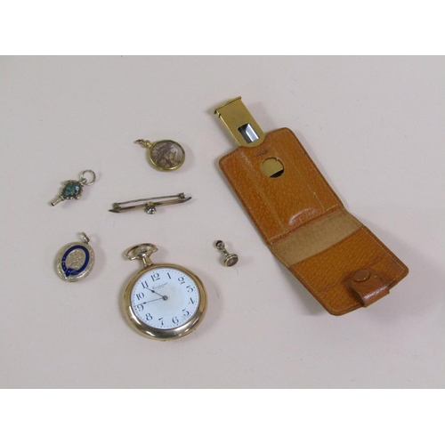 1322 - BOX; GOLD PLATED POCKET WATCH, GOLD PLATED CIGAR CUTTER, ENAMEL LOCKET, WATCH WINDER ETC