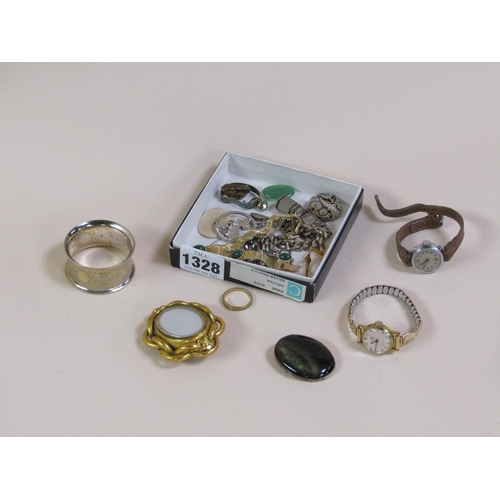 1328 - BOX OF MIXED COSTUME JEWELLERY AND A NAPKIN RING