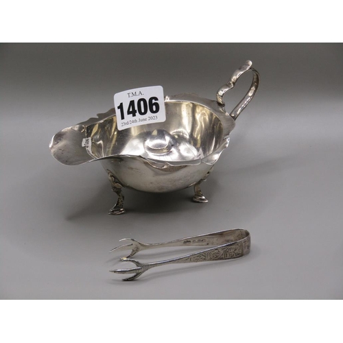 1406 - SILVER GRAVY BOAT AND A PAIR OF SILVER TONGS