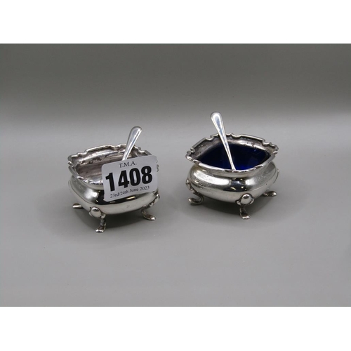 1408 - TWO SILVER SALTS AND SPOONS