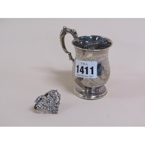 1411 - SMALL SILVER TANKARD AND A SILVER PLACE CARD HOLDER