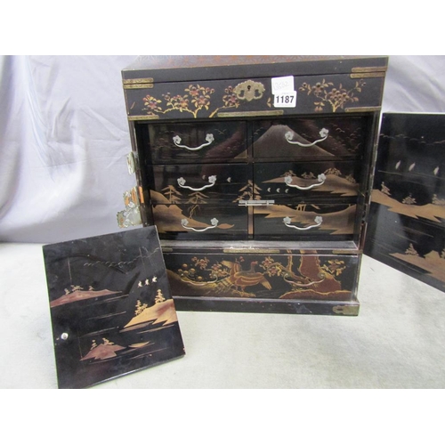 1187 - ORIENTAL BLACK LACQUERED CABINET, 49CM H