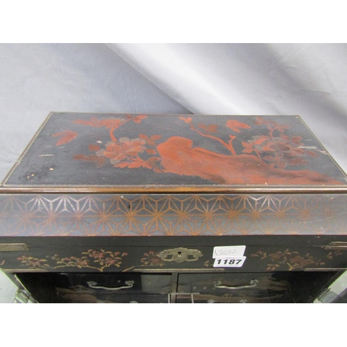 1187 - ORIENTAL BLACK LACQUERED CABINET, 49CM H