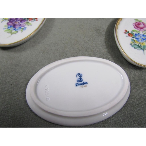 1555 - COLLECTION OF DRESDEN PORCELAIN HAND PAINTED BUTTER PATS, ONE PEN TRAY, 23CM W