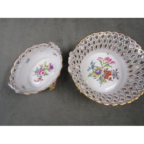 1566 - TWO DRESDEN FLORAL PAINTED BOWLS - LARGEST 28CM W