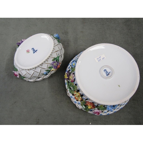 1566 - TWO DRESDEN FLORAL PAINTED BOWLS - LARGEST 28CM W