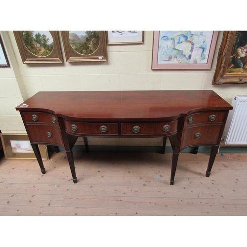 1645 - EARLY 20C MAHOGANY BOW FRONT SIDEBOARD WITH EBONY LINE INLAY ON EIGHT TAPERING SQUARE LEGS WITH SPAD... 