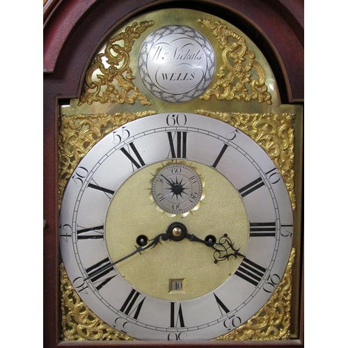 1652 - MAHOGANY LONGCASE CLOCK, WITH ARCHED SILVERED AND GILT DIAL, WILLIAM NICKALS WELLS, 190CM H