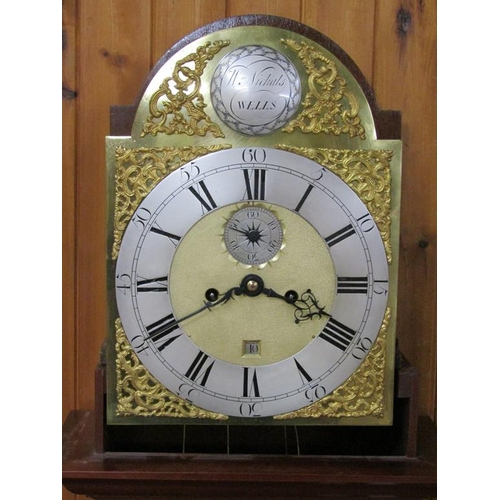 1652 - MAHOGANY LONGCASE CLOCK, WITH ARCHED SILVERED AND GILT DIAL, WILLIAM NICKALS WELLS, 190CM H