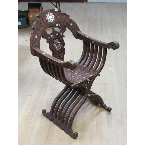 1657 - 19C MOORISH CARVED AND BONE INLAID X FRAME CHAIR