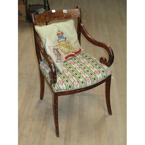 1660 - 19C DUTCH MARQUETRY OPEN ARMCHAIR. 90CM H