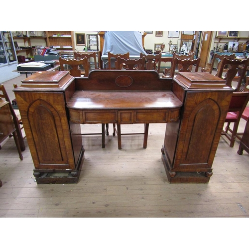 1666 - EARLY 19C FIGURED MAHOGANY PEDESTAL SIDEBOARD WITH SHORT PANEL BACK , 182CM W, 120CM H