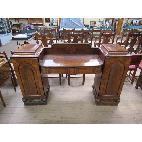 1666 - EARLY 19C FIGURED MAHOGANY PEDESTAL SIDEBOARD WITH SHORT PANEL BACK , 182CM W, 120CM H