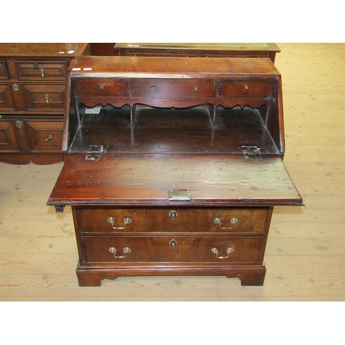 1668 - LATE GEORGIAN MAHOGANY BUREAU WITH FALL FRONT AND FITTED INTERIOR OVER FOUR LONG DRAWERS, 86CM W, 98... 