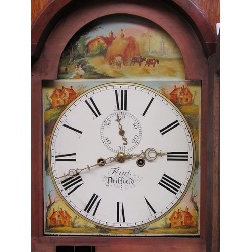 1672 - EARLY 19C OAK MAHOGANY CROSSBANDED AND INLAID LONGCASE CLOCK WITH A PAINTED ARCH DIAL, FLINT OF DRIF... 