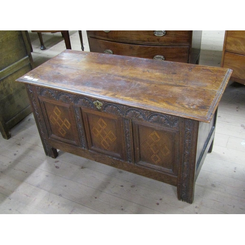 1682 - EARLY 18C OAK THREE PANEL COFFER, 118CM W, 62CM H