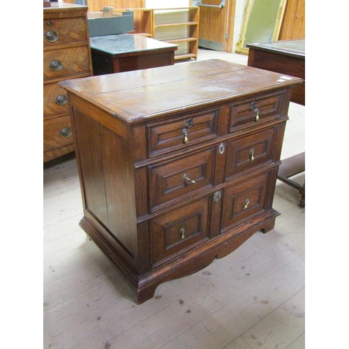 1683 - EARLY 18C OAK GEOMETRIC CHEST OF TWO LONG DRAWERS ON STILE LEGS, 88CM W, 80CM H