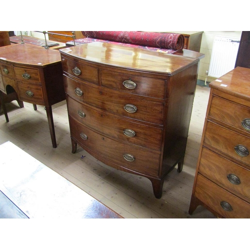 1688 - EARLY 19C MAHOGANY BOW FRONT CHEST OF TWO SHORT AND THREE LONG GRADUATED DRAWERS, ON SPLAYED BRACKET... 