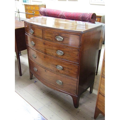 1688 - EARLY 19C MAHOGANY BOW FRONT CHEST OF TWO SHORT AND THREE LONG GRADUATED DRAWERS, ON SPLAYED BRACKET... 