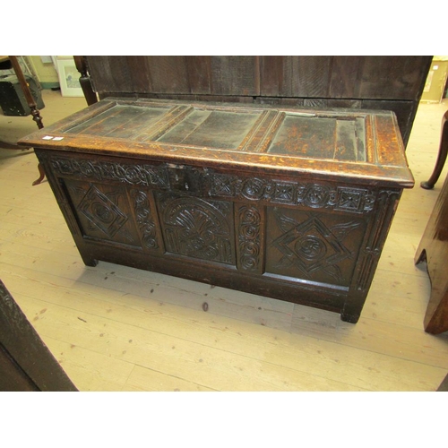 1691 - LATE 17C OAK THREE PANEL COFFER, 128CM W, 63CM H