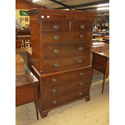 1699 - LATE GEORGIAN FIGURED MAHOGANY CHEST ON CHEST, THE UPPER SECTION UNDER A DENTILE MOULDED CORNICE WIT... 