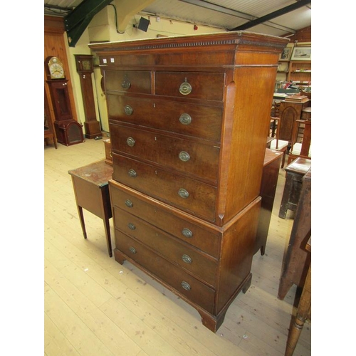 1699 - LATE GEORGIAN FIGURED MAHOGANY CHEST ON CHEST, THE UPPER SECTION UNDER A DENTILE MOULDED CORNICE WIT... 