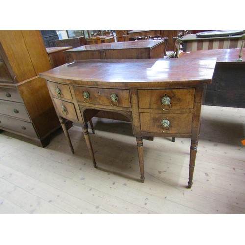 1698 - EARLY 19C MAHOGANY BOW FRONT SIDEBOARD CROSSBANDED AND LINE INLAID HAVING ONE CENTRAL DRAWER OF KNEE... 