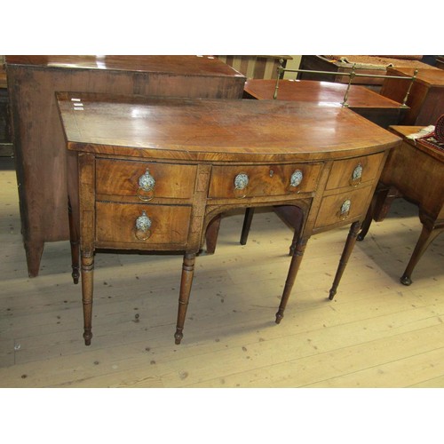 1698 - EARLY 19C MAHOGANY BOW FRONT SIDEBOARD CROSSBANDED AND LINE INLAID HAVING ONE CENTRAL DRAWER OF KNEE... 