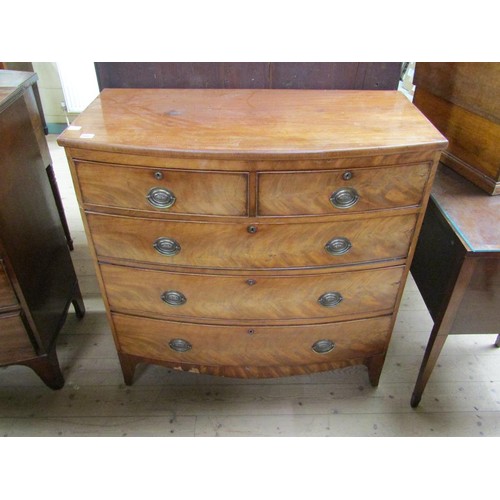 1687 - EARLY 19C FIGURED MAHOGANY BOW FRONT CHEST OF TWO SHORT AND THREE LONG DRAWERS, 99.5CM W, 103CM H