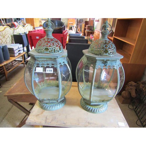 119 - PAIR OF METAL GLASS PANEL LANTERNS