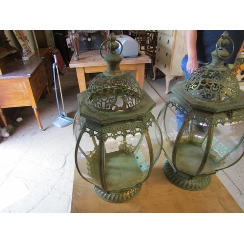 119 - PAIR OF METAL GLASS PANEL LANTERNS