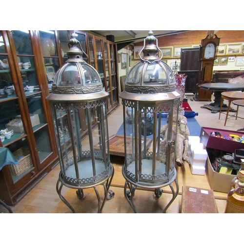 1218 - PAIR OF COPPER GLASS PANELLED LANTERNS, 84CM H