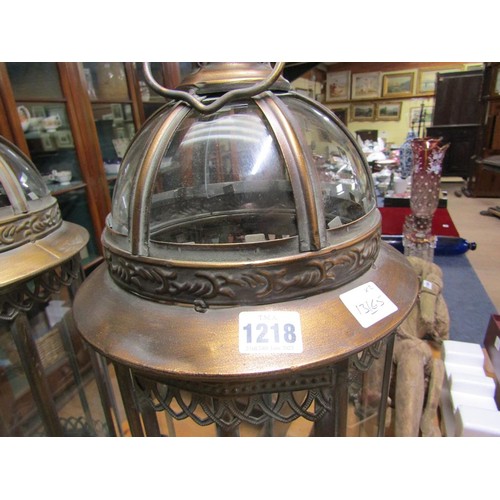 1218 - PAIR OF COPPER GLASS PANELLED LANTERNS, 84CM H