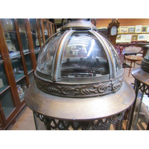 1218 - PAIR OF COPPER GLASS PANELLED LANTERNS, 84CM H