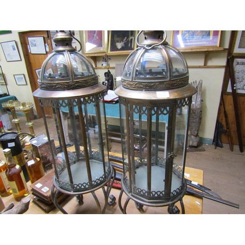 1218 - PAIR OF COPPER GLASS PANELLED LANTERNS, 84CM H